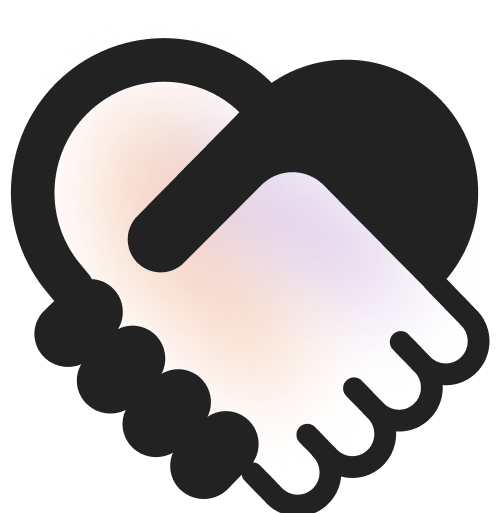 A stylized graphic of two hands shaking, forming the shape of a heart, with soft beige and purple gradients in the background.
