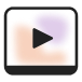A black play button icon centered on a white background with soft orange and purple abstract shapes behind it, all within a rounded square border.