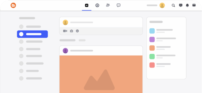 A stylized illustration of a social media dashboard shows a navigation menu on the left, posts in the center, and colorful profile icons and notifications on the right, all in a minimal, modern design.