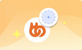 An orange abstract symbol inside a white circle on a yellow-orange gradient background with stars and dotted patterns, plus a blue circle with a plus sign overlapping it.